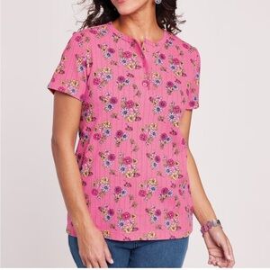 Blair Pink Floral Pointelle Henley Tee